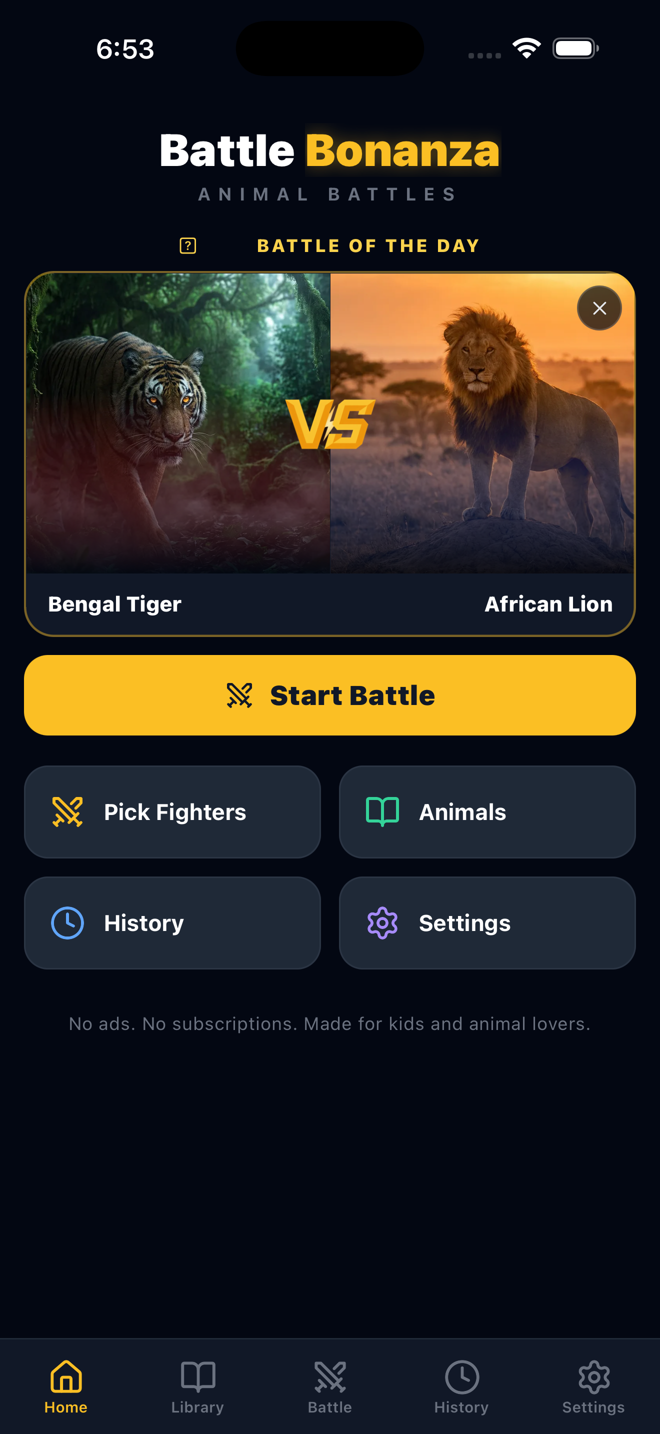 Battle Bonanza home screen — Battle of the Day, Bengal Tiger versus African Lion