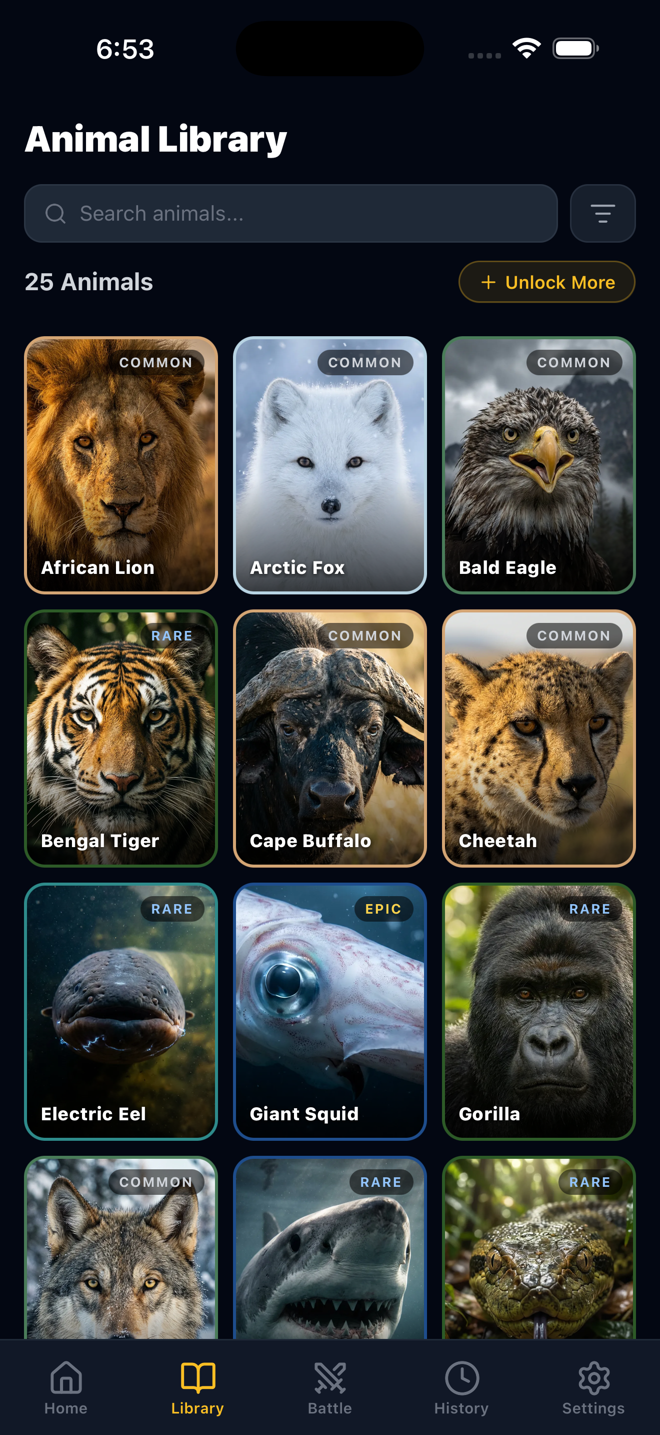Animal library grid with rarity tags