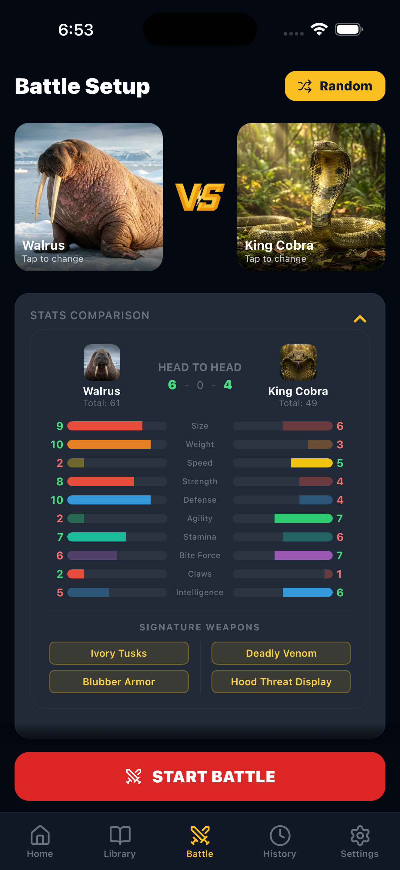 Battle setup with side-by-side stat comparison